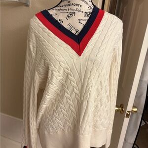 Talbots Cream V-Neck Sweater with Red and Blue Trim